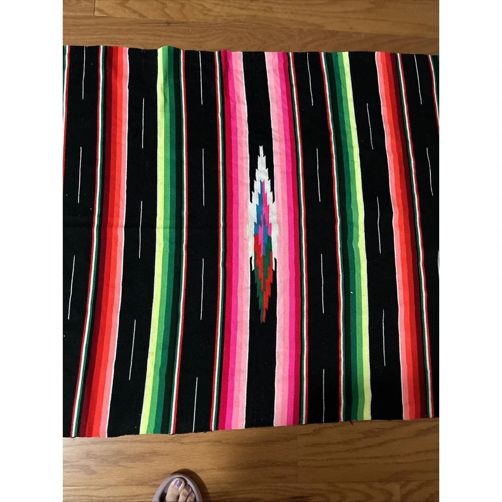 Traditional Colorful Striped Fringed Woven  Mexican Blanket 7' X 3'